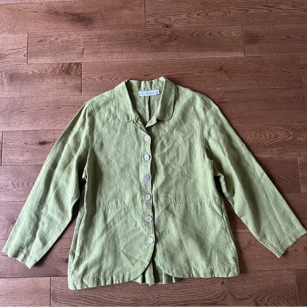 Vintage Willow 100% Linen Lime Green Button Down Shirt Top Sz L